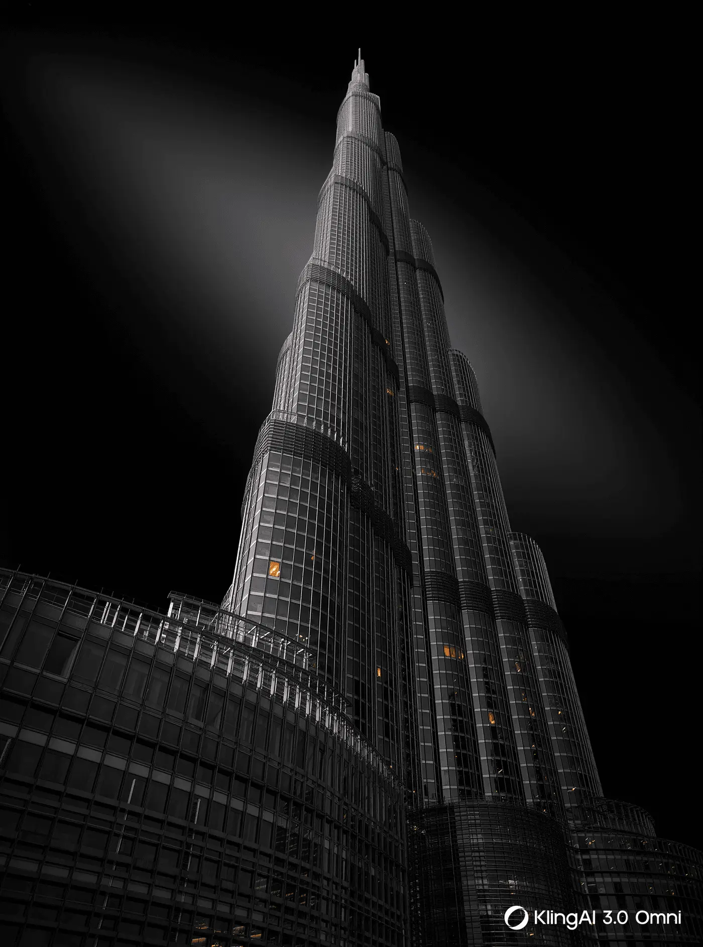 Night architecture in Dubai, photographed from below against a black sky